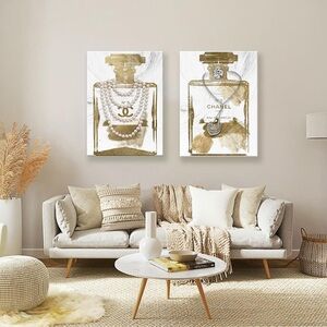 Large Perfume Bottle Canvas Wall Art Set of 2 Gold White Glam 24x36 New